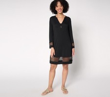 Susan Graver Women's Plus Sz Dress 1X Soleil Printed Lace Trim Black A683082