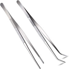 2 Pcs 12 Inch Long Handle Stainless Steel Straight and Curved Tweezers Nippers,