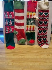 Vintage Lot of 4 Knit Christmas Stockings Snowmen,Colors,Happy Holidays  Hearts