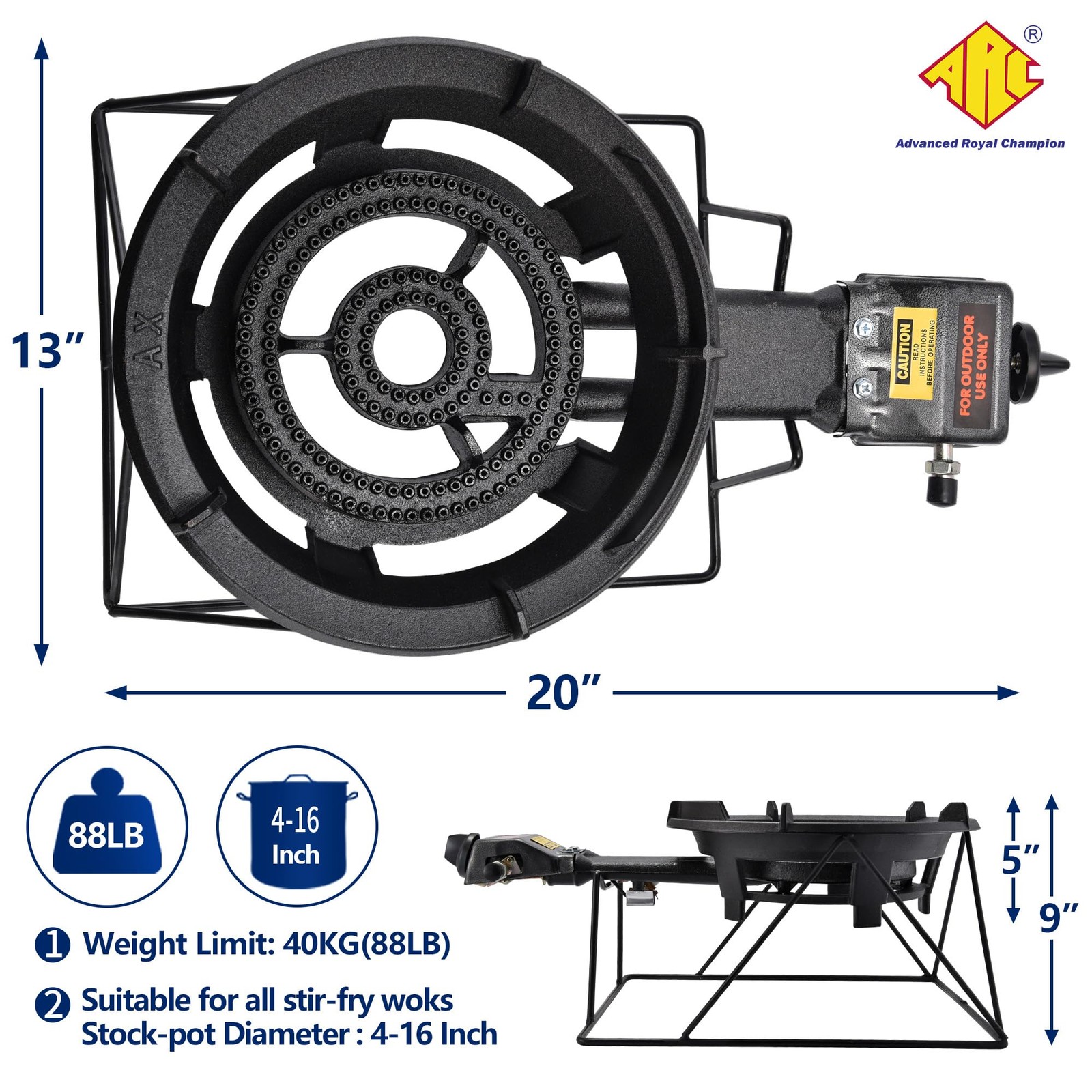 ARC 13" Propane Burner Stove, Cast Iron Portable, Sturdy Stand, Outdoor Cooking