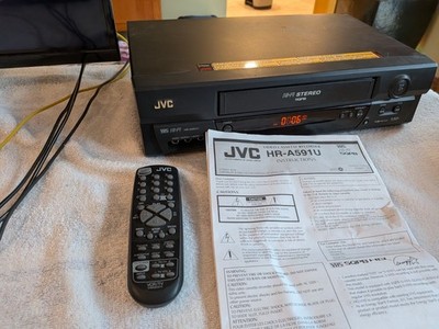JVC HR-A591U VCR 4-Head Hi-Fi Stereo VCR, Rew Broke, Remote, Cable Works