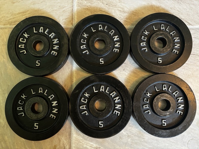 Vintage Jack LaLanne Barbell (6) X 5lb Weight Plates Stnd 30lb Total Not Olympic