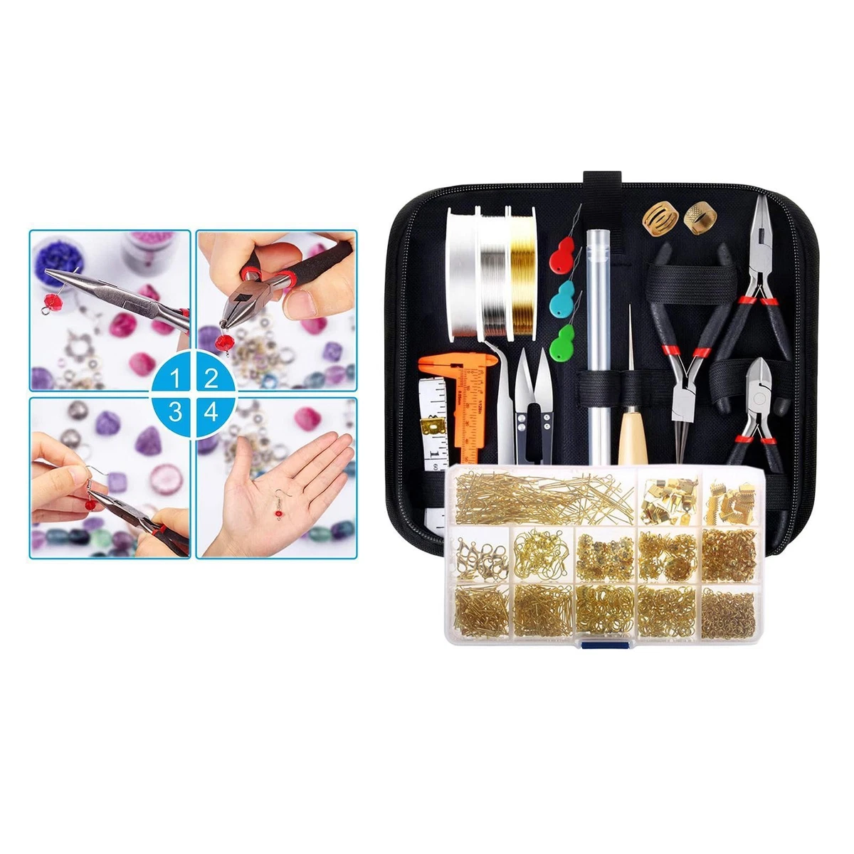 Kit Completo Per Creazione Gioielli Fai Da Te - 230+ Pezzi Con Pinze, Fili, Misuratori Anelli E Accessori - 4