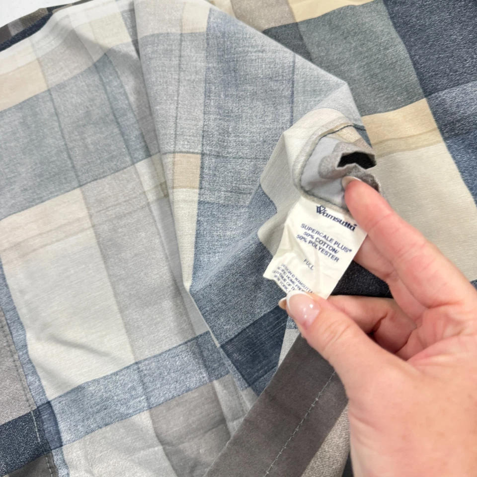 vintage wamsutta full flat sheet gray blue plaid usa cotton blend y2k 90s - Image 4 of 4