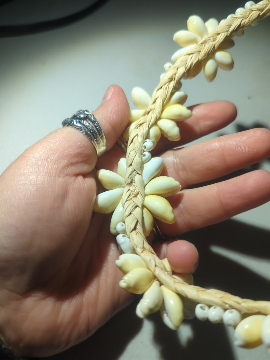 Cowrie Flower Braided Sea Grass Necklace Handmade Sea Shell-Vintage View 4