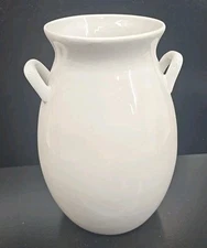 Glazed White Country Style Jug Crock Round Vase With Handles- French Country 