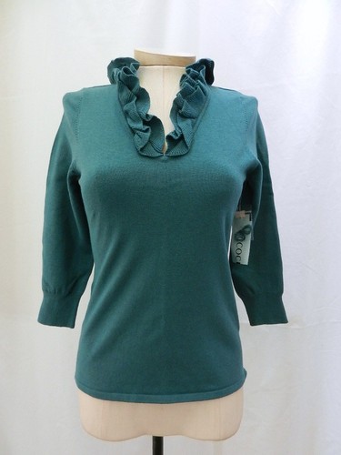 NWT $135 ECCOCI size XS VINTAGE GREEN TEAL RUFFLED V-NECK SWEATER SHIRT - Picture 9 of 9