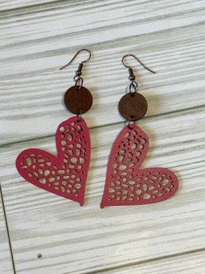 Eye-Catching Red Heart wood Dangle Earrings - Lightweight