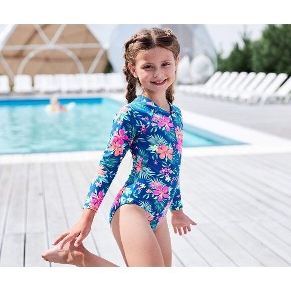 Girls Long Sleeve Swimsuit, Size 6 Blue Rash Guard One Piece Swimsuit