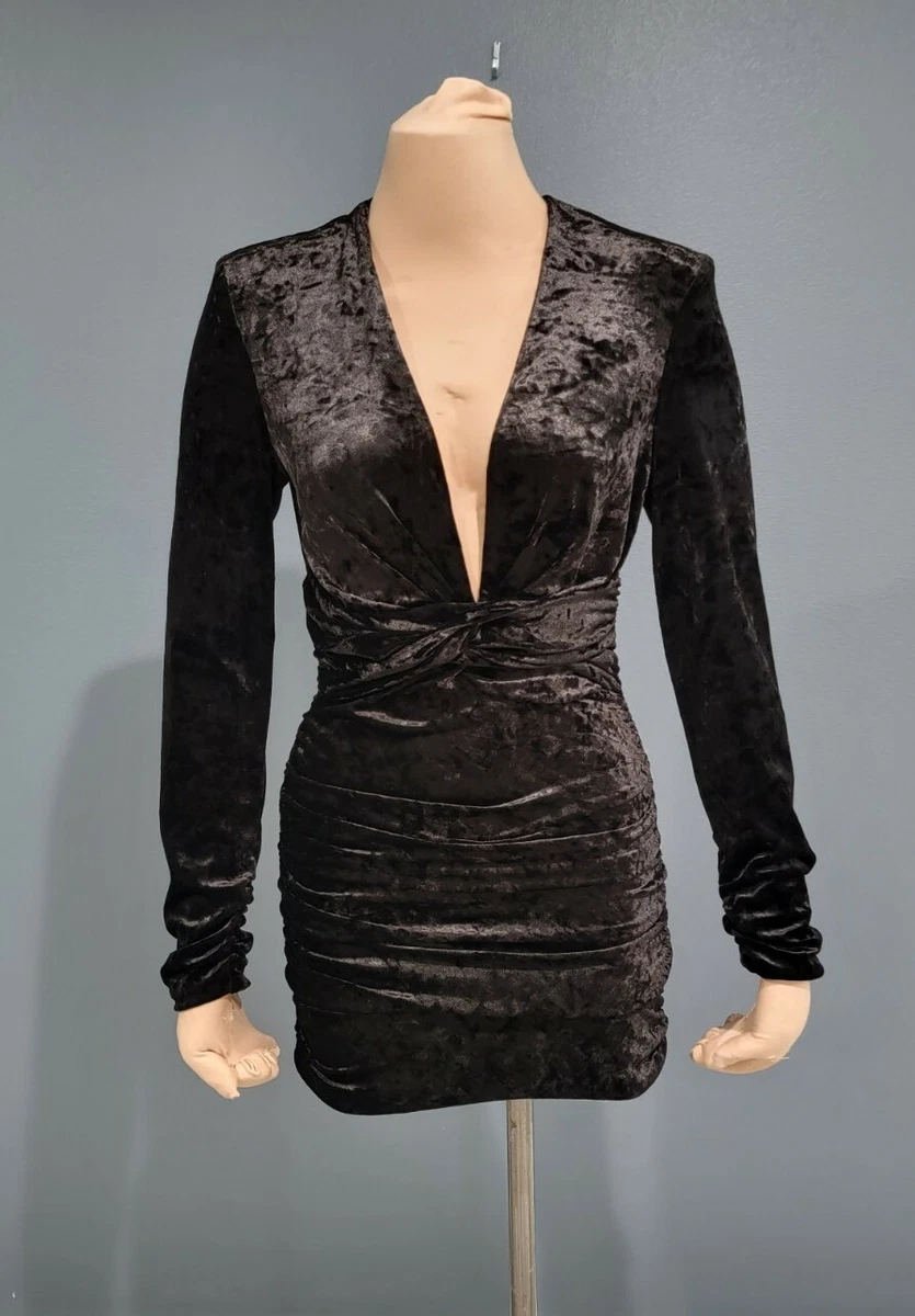 NwT ZARA Crushed Velvet Deep Plunge Mini Bodycon Black Dress XS | eBay