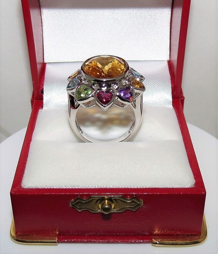 COLORFUL 14K WHITE GOLD CITRINE & MULTI-GEMSTONE HEART RING 9.60G - Picture 3 of 6