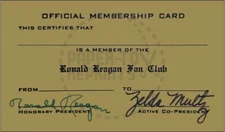 RONALD REAGAN FAN CLUB OFFICIAL MEMBERSHIP CARD - VINTAGE REPRINT