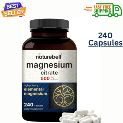 Naturebell Magnesium Citrate 500Mg, 240 Capsules | High Purity Elemental Form...
