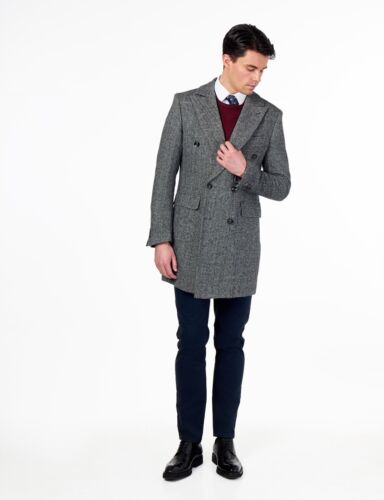 Men Double Breasted Wool Herringbone Long Overcoat Tailored Tweed Winter Jacket - Picture 11 of 13