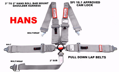 GRAY SAFETY HARNESS HANS CAM LOCK RACING SFI 16.1 5 PT ROLL BAR MOUNT SEAT BELT