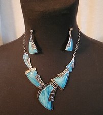 Turquoise And Silver Tone Necklace  Earring Set, Women's 11", Multistone.