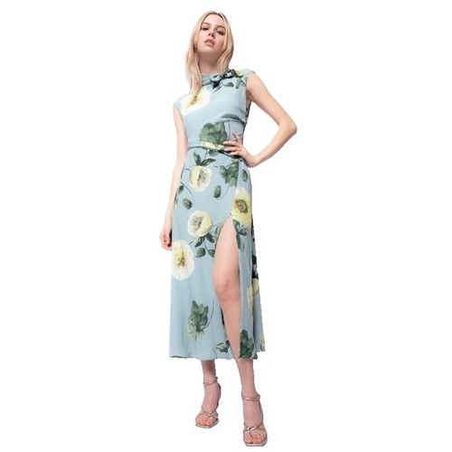 Coach Printed Long Chiffon V Neck Dress Silk Midi Short Sleeve Womens 0  Party | eBay
