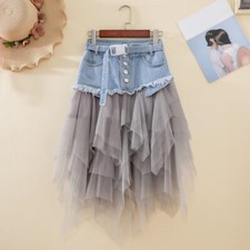 Ladies Mesh Denim Splicing Skirt Casual High Waist Irregular Punk Gothic Party