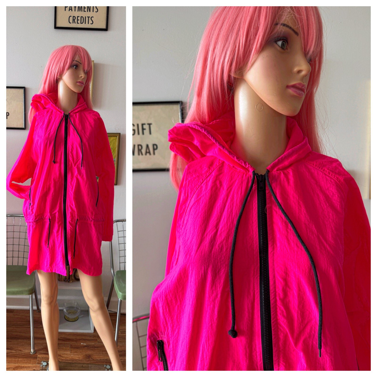Hot Pink 100 % Nylon Windbreaker Hoodie M L