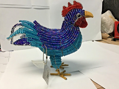 Beadworx glass bead art work  blue aqua red rooster small retired 9 1/2 