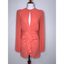 NBD Revolve Arijana Coral Chiffon Mini Dress SM Keyhole Ruffle Cocktail Date