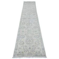 2'5" x 11'7" White Wash Peshawar Leaf Design Hand Knotted Wool Runner Rug R20502
