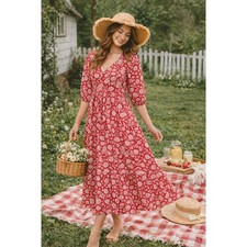 Red Floral Rayon Dress S Puff Sleeve Tiered Midi Maxi Cottagecore Prairie Summer