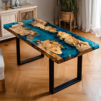 Walnut Epoxy Resin Dining Table Top Live Edge Handmade Luxury Wood