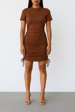 ZARA Women’s Brown Ruched Bodycon Dress Size S Short Sleeve Ribbed NWT