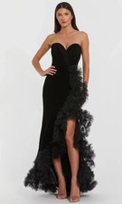 Mac Duggal Black Velvet Strapless Ruffled High Slit Mermaid Gown Size 2 $598