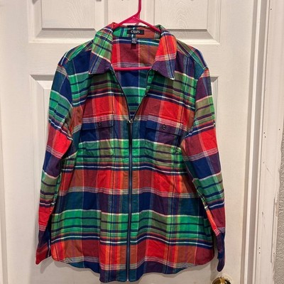 CHAPS DENIM Womens Plaid Flannel Zipper Shirt Jacket Red Green Blue 2X Shacket