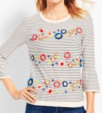 Talbots Beaded Embroidered Floral Navy Ivory Striped Crew Neck Sweater 2X XXL