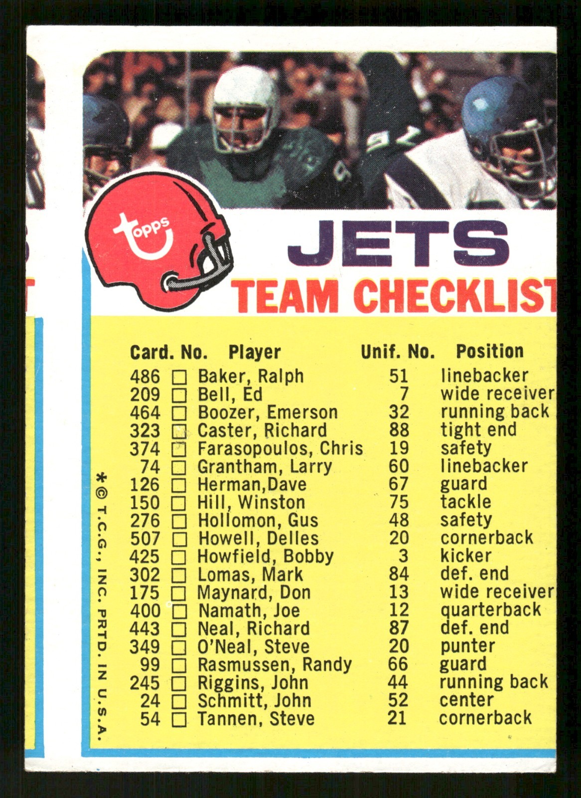 1973 Topps Football Card Team Checklist New York Jets