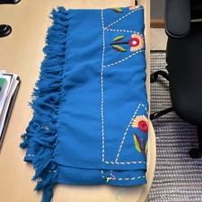 Blue Fabric Floral Embroidered Fringed Handmade Indian Shawl Traditional