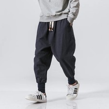Cotton Linen Harem Pants Men Solid Elastic Waist Streetwear Joggers 2024 New Bag