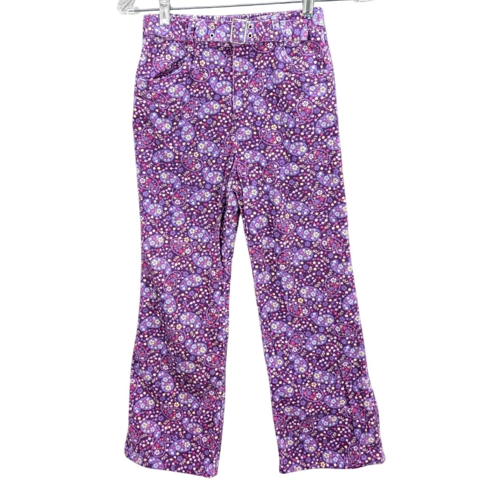 Pantalones de pana floral púrpura Connection para niñas talla 8 con cinturón pierna ancha Y2K Foto 2 de 4