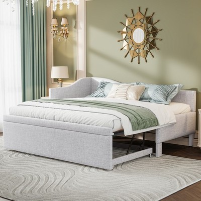Twin Upholstered L Shaped Daybed Pop Up Trundle Beige Convertible Twin