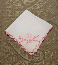 VINTAGE WHITE LINEN HANKIE PINK EMBROIDERED FLOWER IN CORNER ALL AROUND EDGE