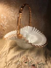 Vintage 1940's Fenton 192 Rose Crest 10.5" Milk Glass Melon Basket Bamboo Handle