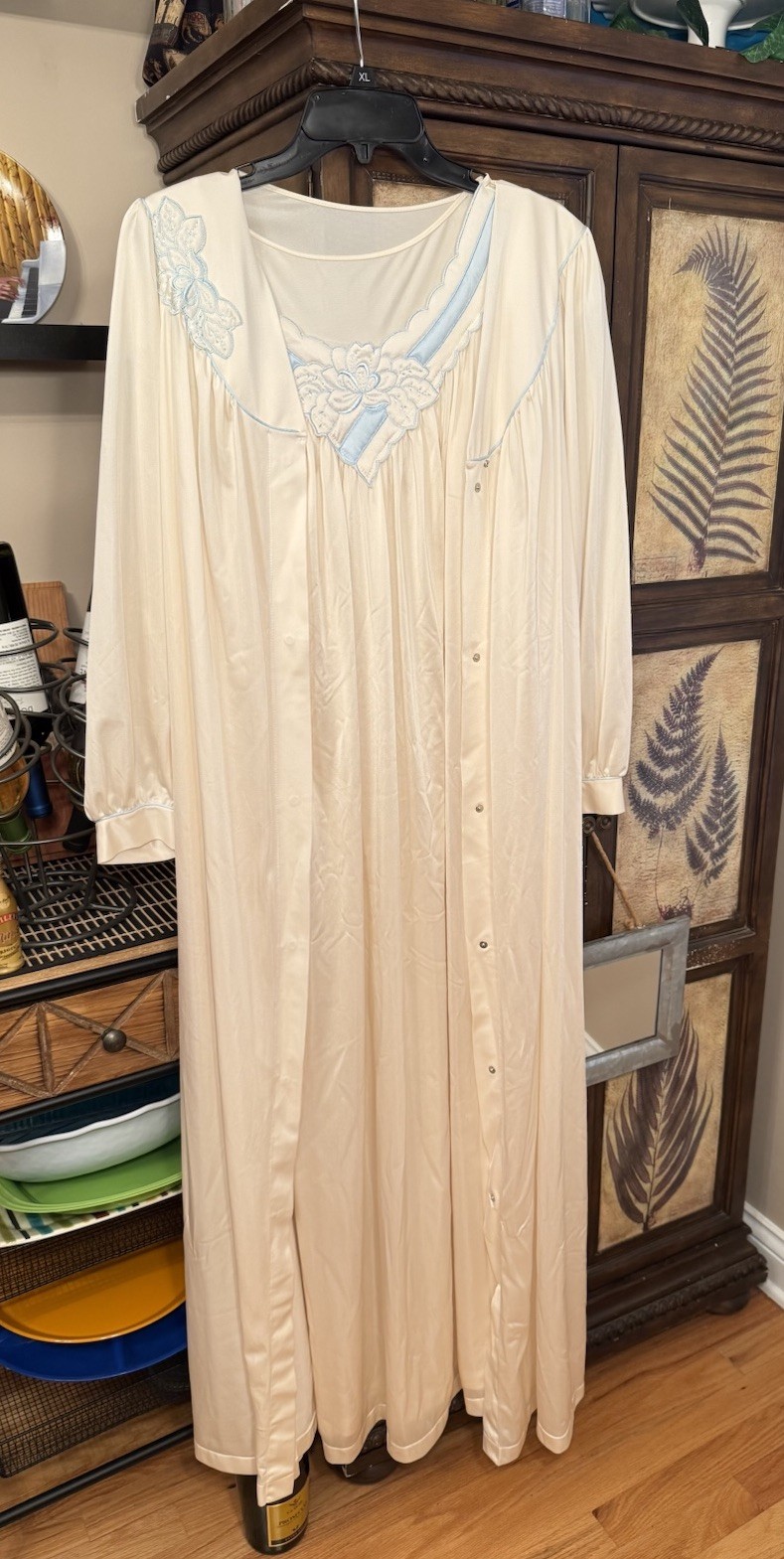 Vtg Ivory Shadowline Nightgown & Robe Set Embroidered & Blue Piping EUC Sz LG