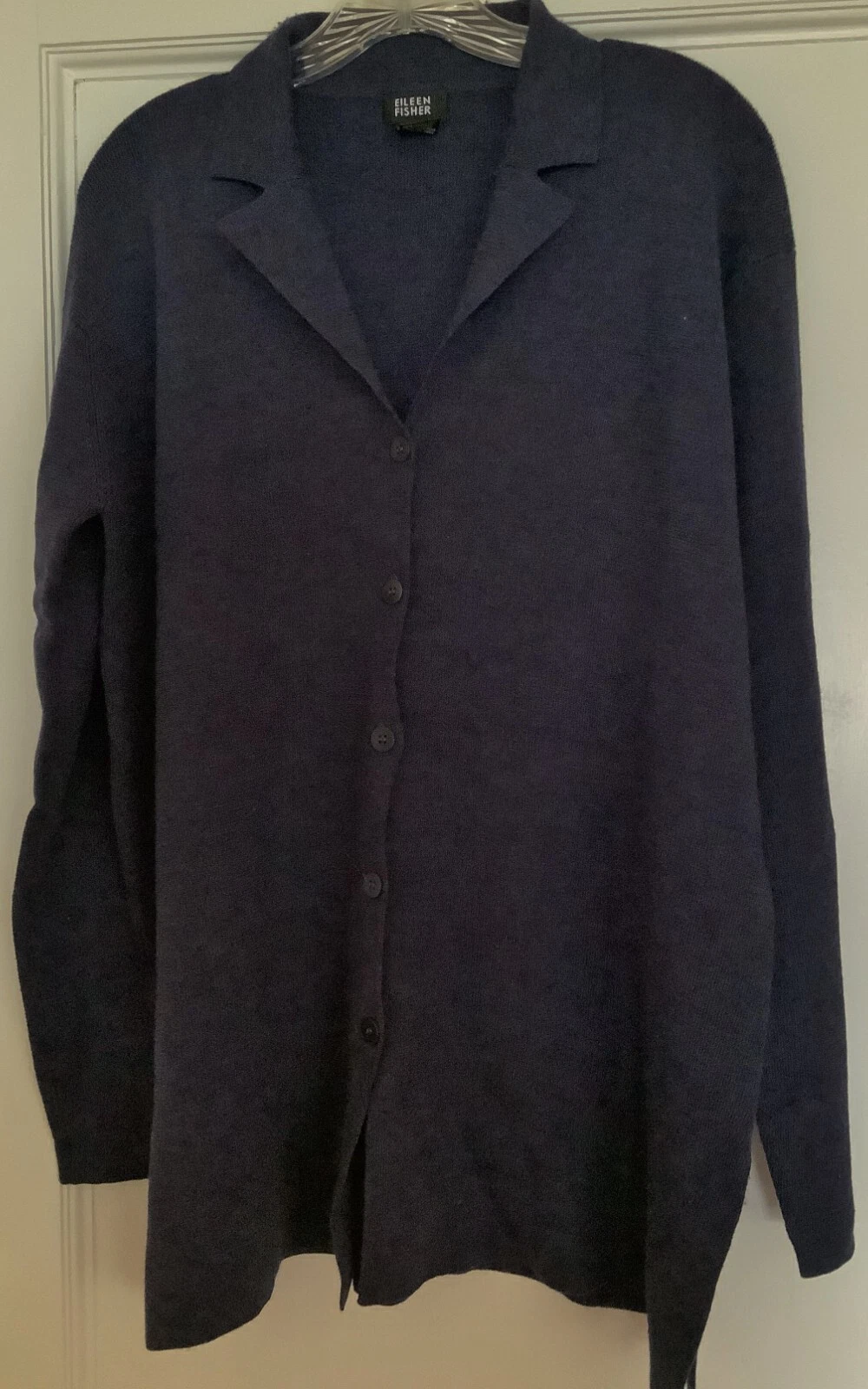 EILEEN FISHER dark blue-purple-gray wool sweater jacket Size L EUC