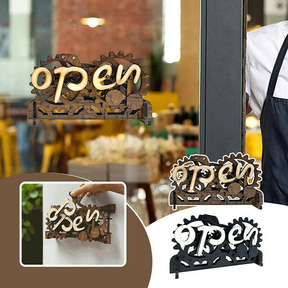Open Closed Sign Board Wooden Gear Mechanism Convertible open