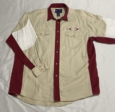 VTG Wrangler Brushpopper Western Shirt Mens Sz L Pearl Snap Aztec Embroidered