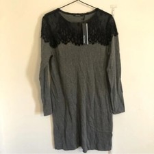 Daisy Fuentes Sweater Dress Women Size Large Gray Black Lace Trim