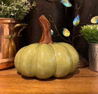 Pumpkin Ceramic Green w/ Brown Stem Fall Autumn Thanksgiving Decor
