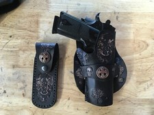 Handmade Leather Angled Holster 2 mag pouches 1911 Custom Carving