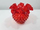 Vintage FENTON Colonial Orange Red Amberina Glass Hobnail Ruffled Vase 4"