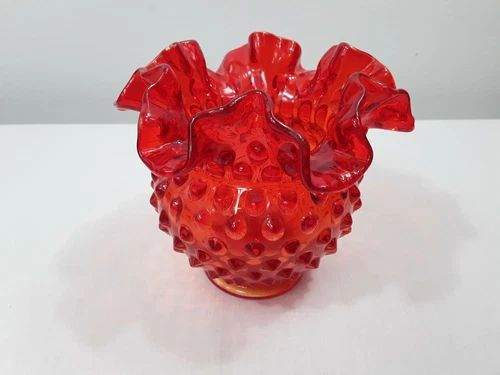 Vintage FENTON Colonial Orange Red Amberina Glass Hobnail Ruffled Vase 4"