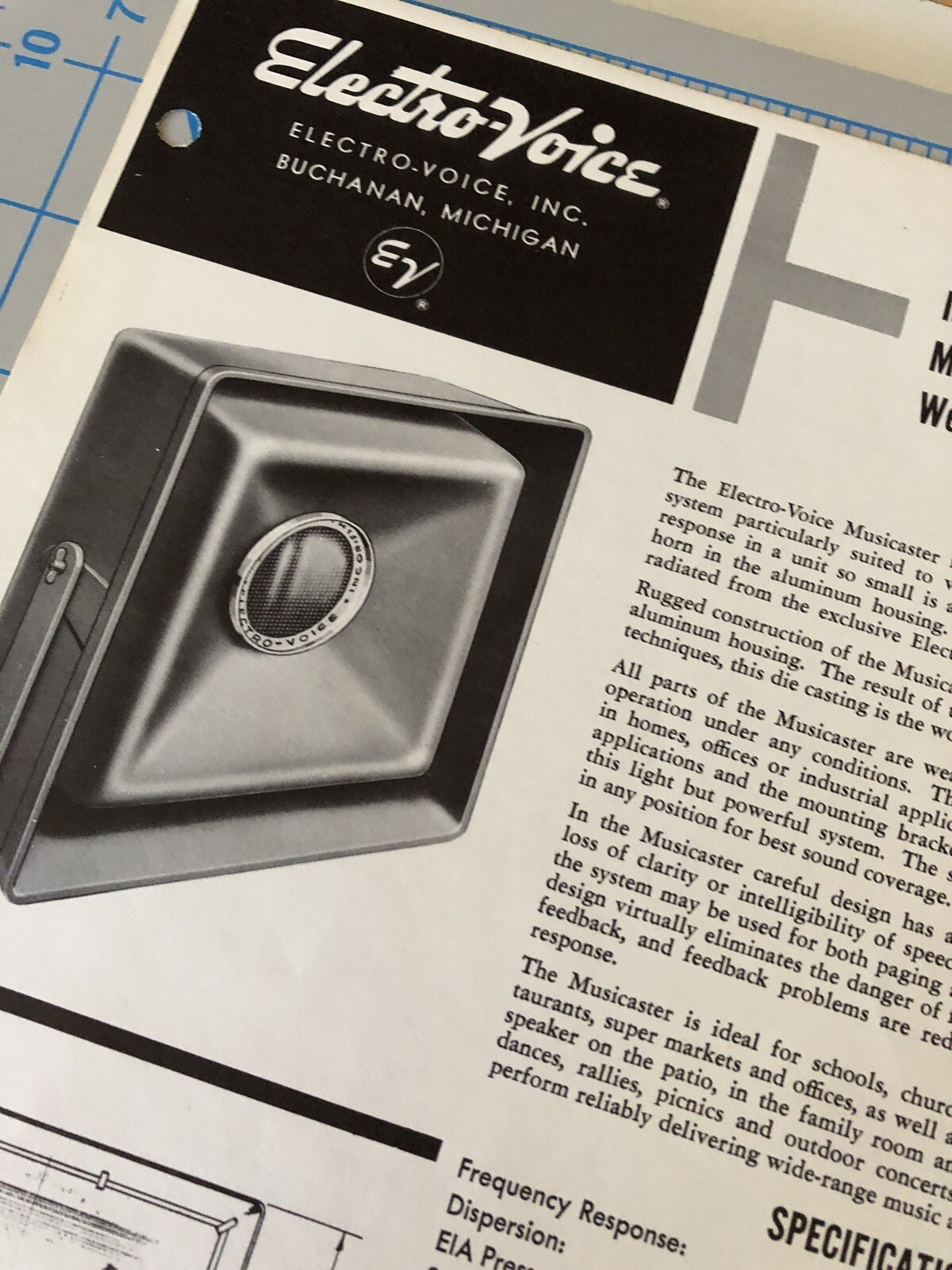 Vintage 1960s EV Electro-Voice Musicaster Hi-Fi Speaker Spec Sheet