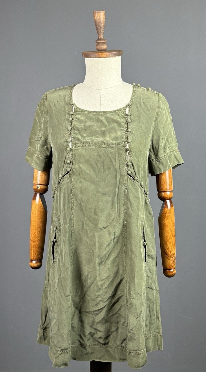 Vintage ISABEL MARANT Khaki Green Multi Button 100% Silk Designer Dress  Size 1